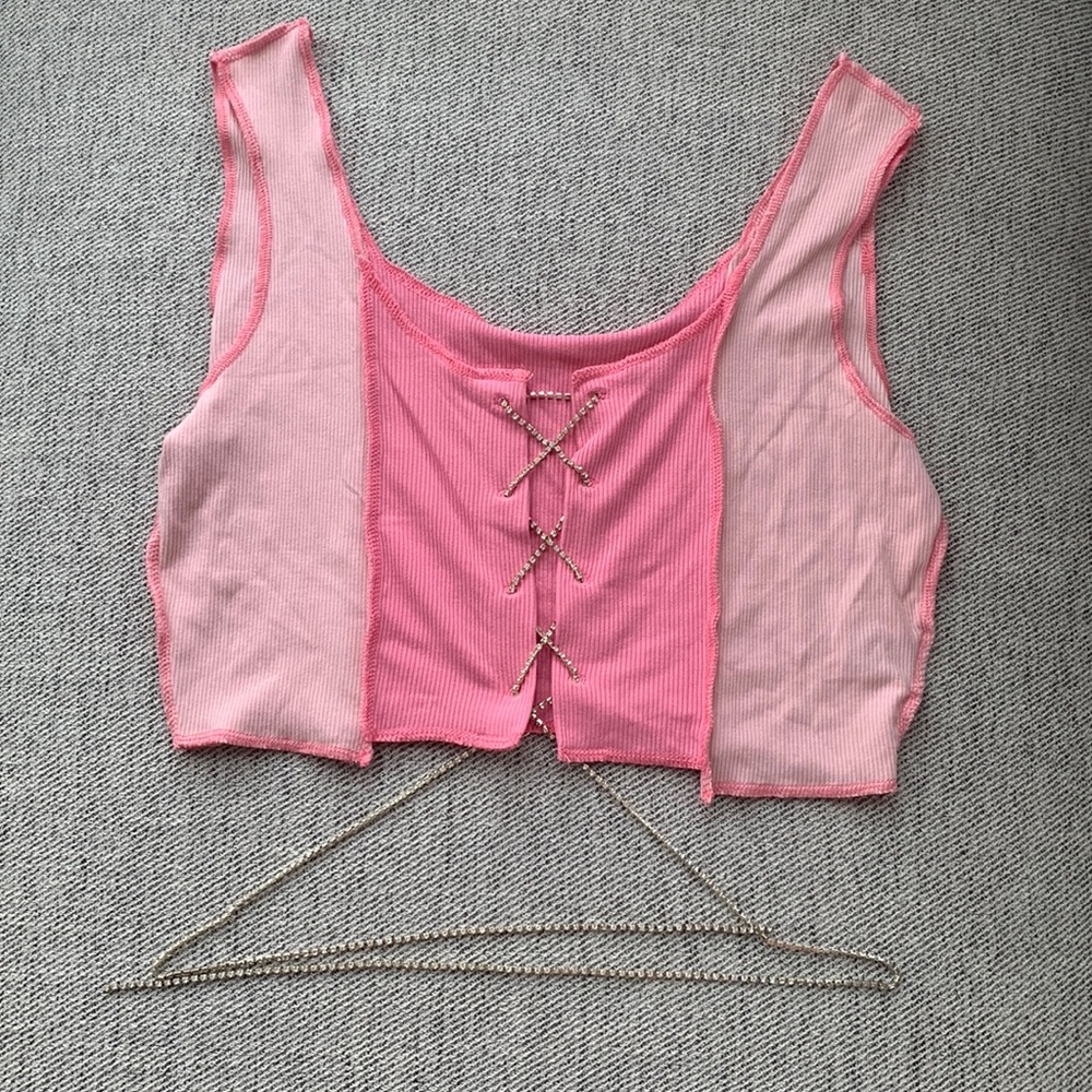 Pink Rhinestone Lace Up Crop Tank